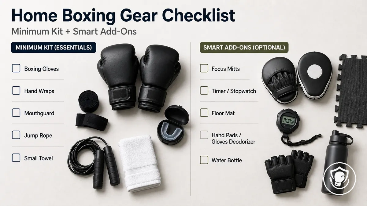 Checklist-style layout of beginner home boxing equipment essentials and optional add-ons