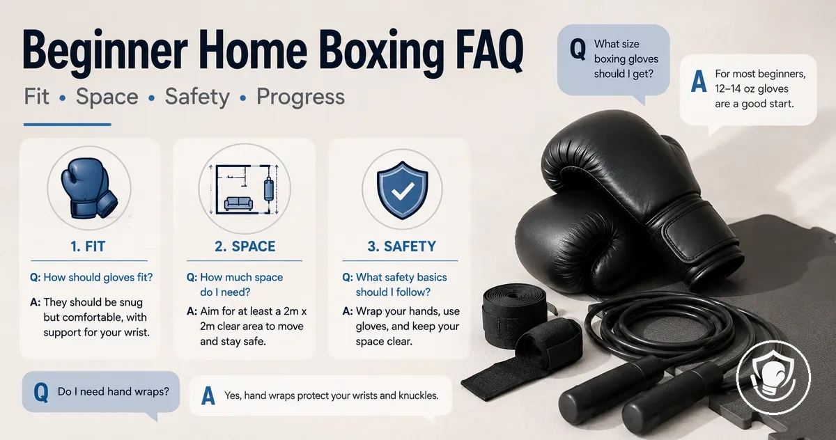 FAQ-style visuals for beginner home boxing equipment fit, space planning, and safety questions