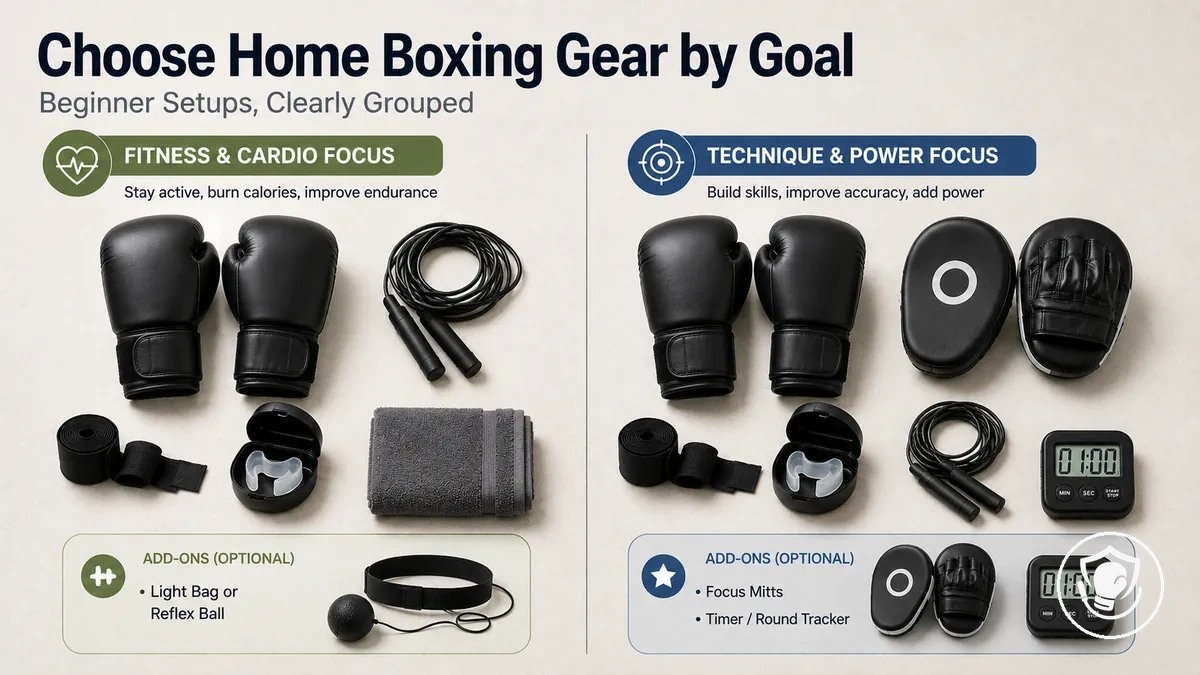 Beginner home boxing equipment choices organized by training goals and setup needs