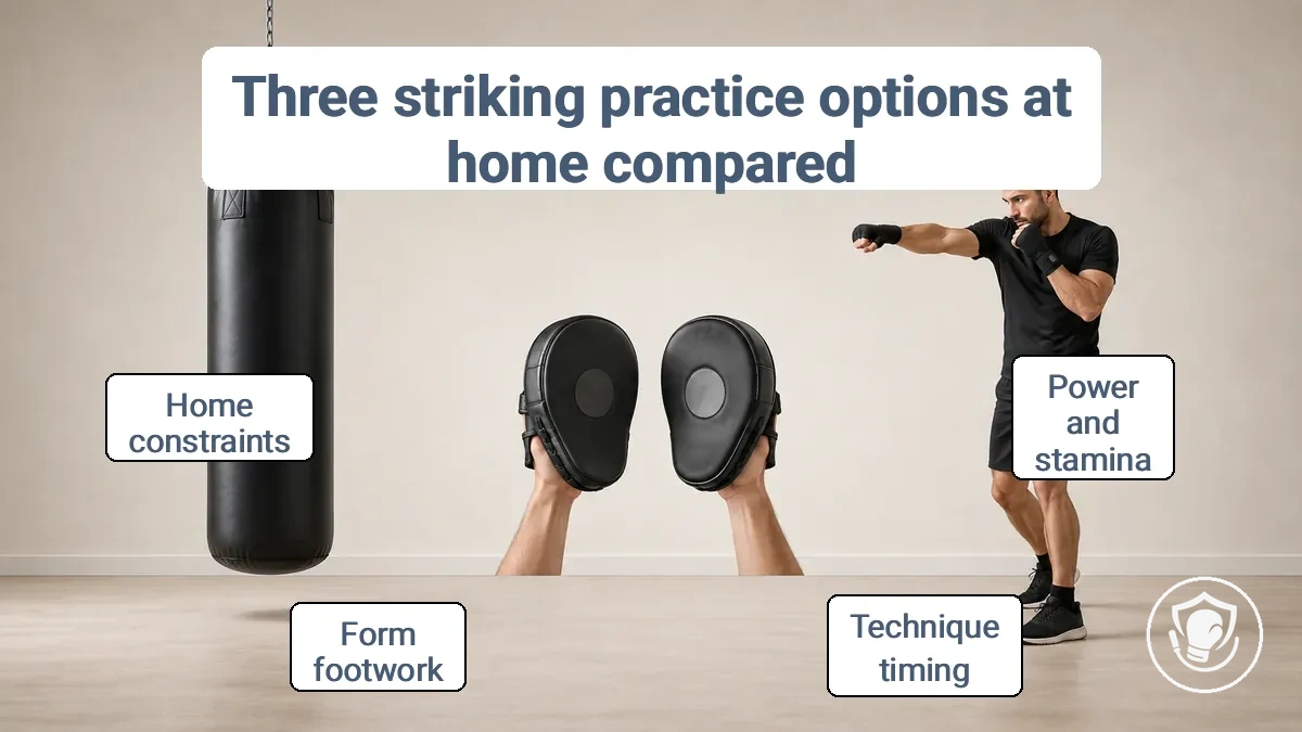 Comparison of home boxing striking practice options: heavy bag, pads, and shadowboxing