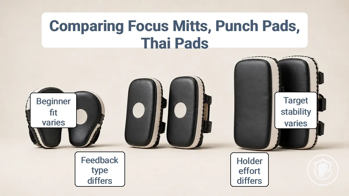 Comparison of focus mitts, punch pads, and Thai pads for home boxing training, highlighting differences in size and padding.