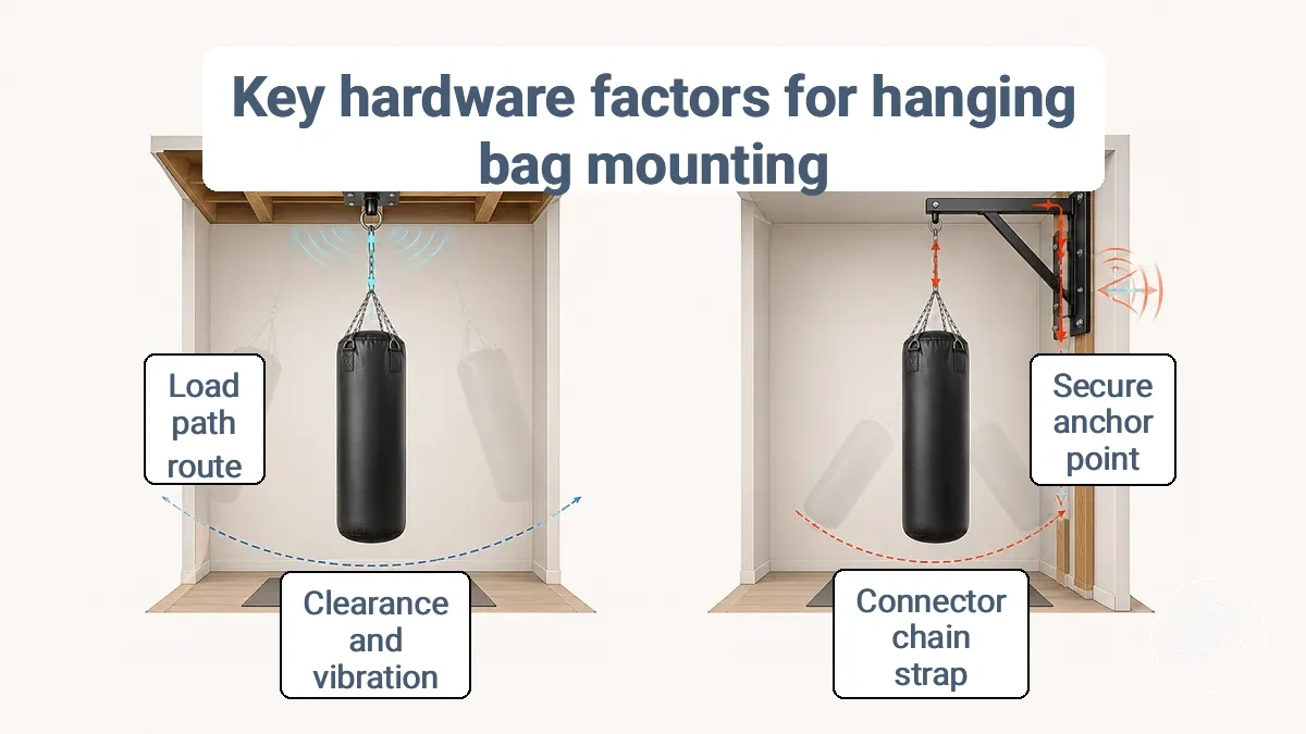 Diagram showing load path from hanging punching bag through connector to ceiling or wall mount and why clearance and vibration matter.