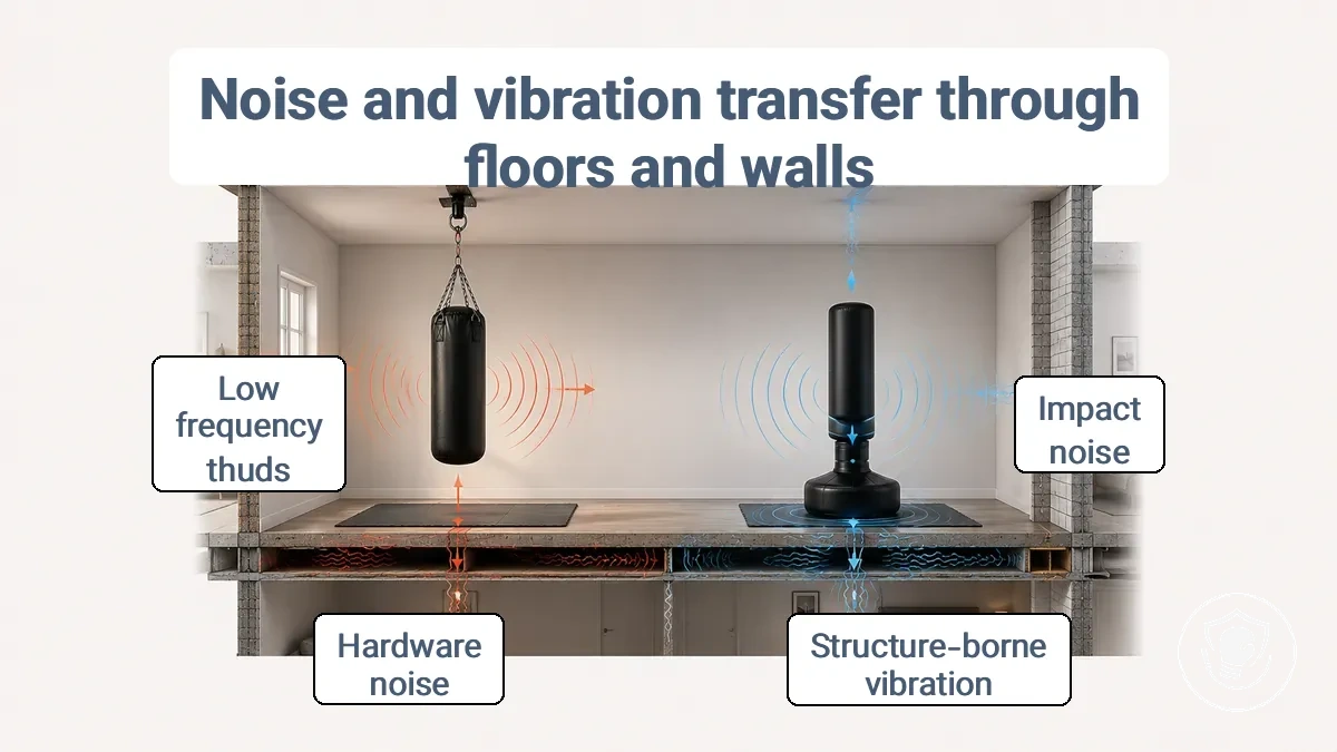 Diagram showing noise and vibration transfer paths for hanging vs freestanding punching bags in an apartment setting.