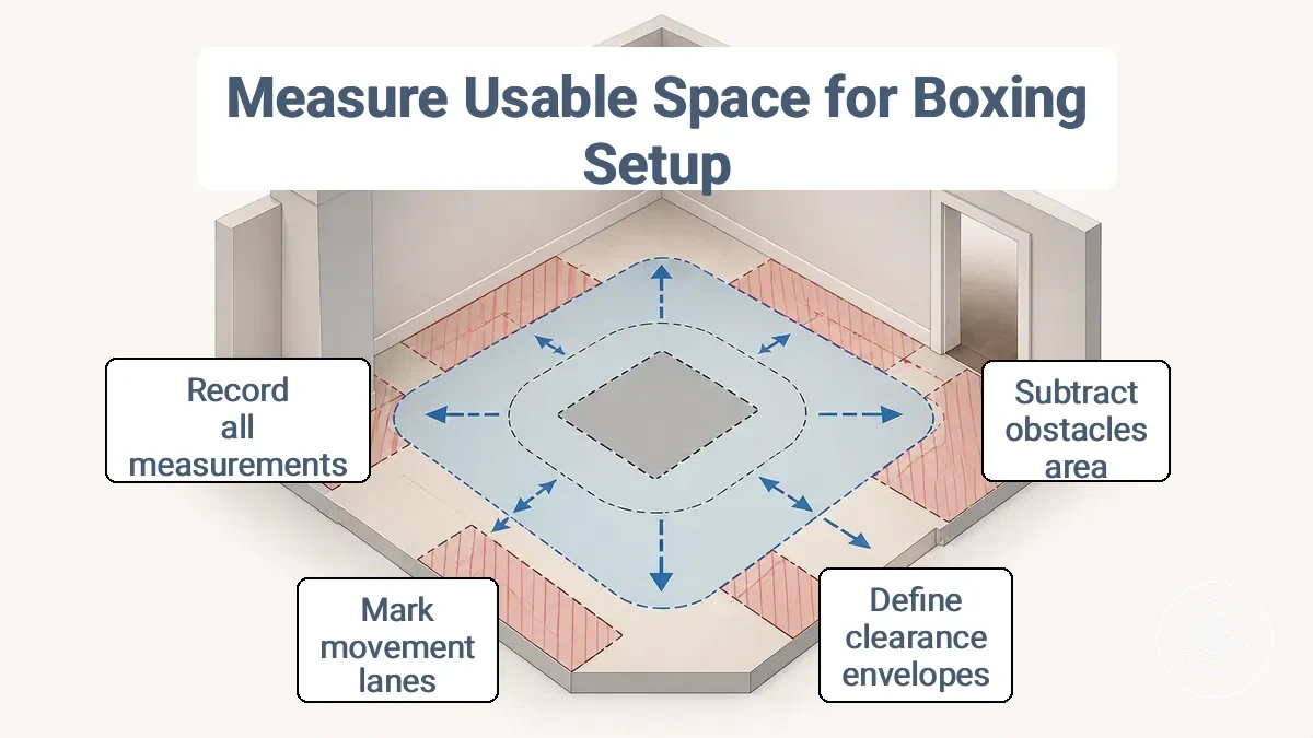 Diagram of usable footprint, clearance envelope, and movement lanes for a small-space home boxing setup