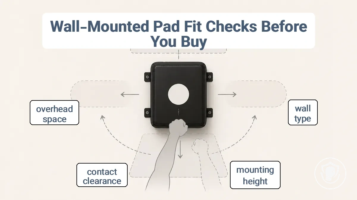 Annotated example of wall-mounted punching pad height and safe contact zone in a small home boxing setup.