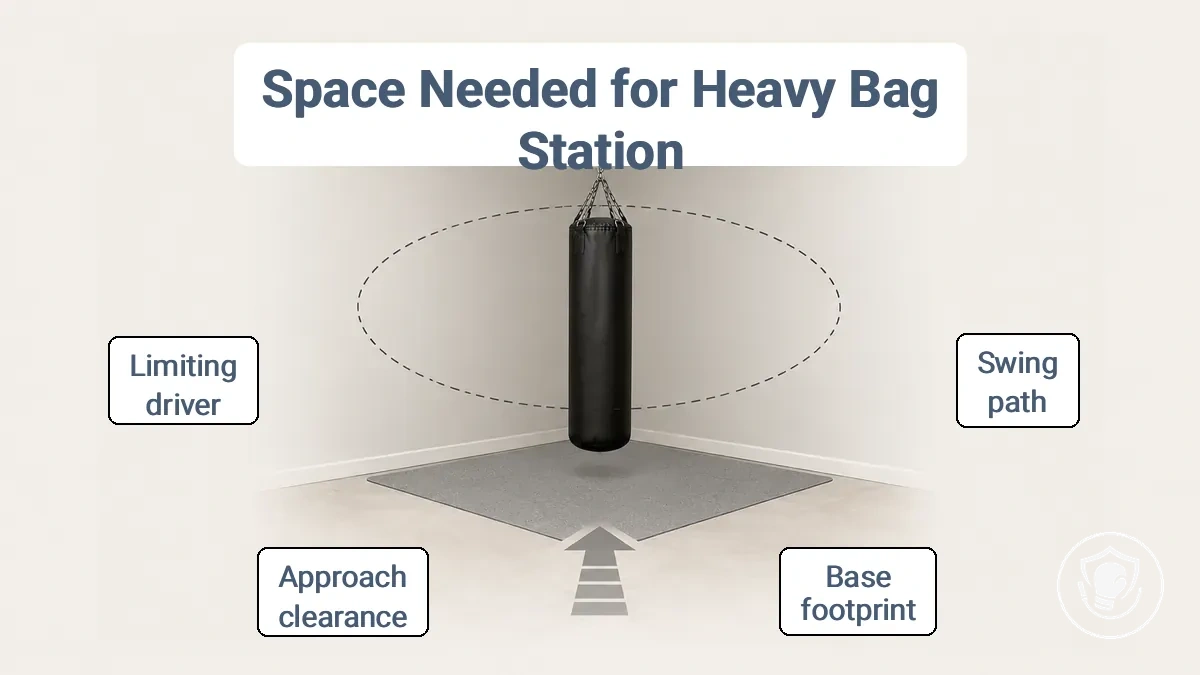 Diagram showing measurements for heavy bag station space including footprint, swing radius, and approach clearance