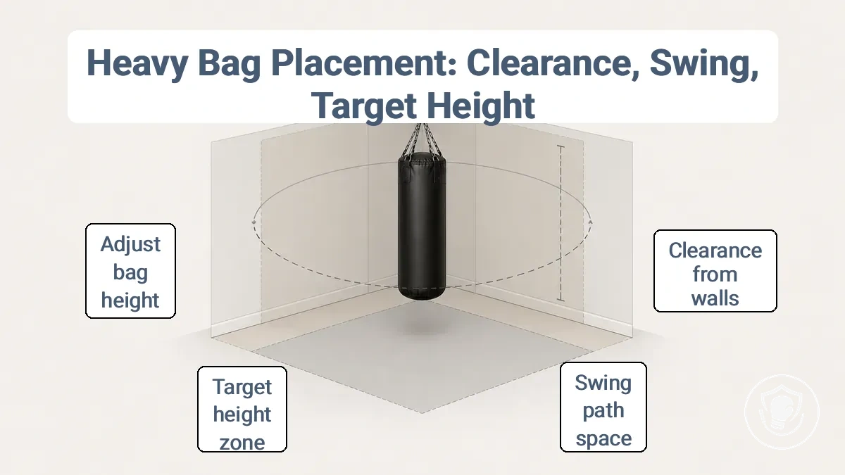 Room layout diagram showing swing arc, wall clearance, and target height line for a heavy bag training area