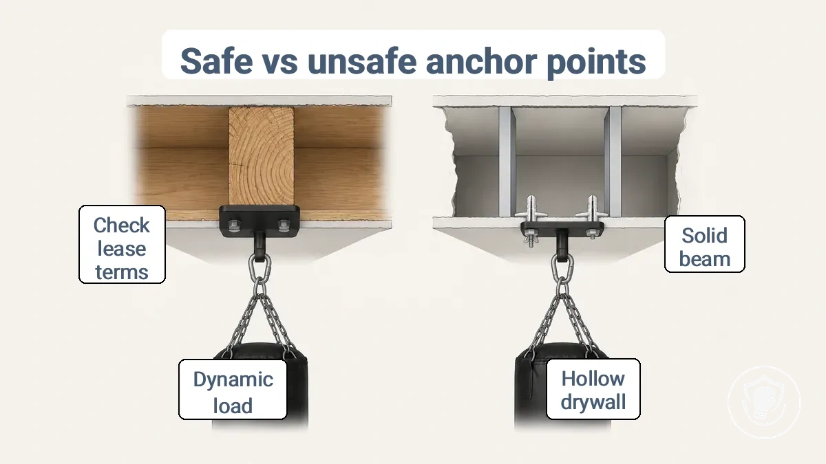Diagram comparing safe anchor points in beam and stud versus unsafe drywall zones for heavy bag mounting