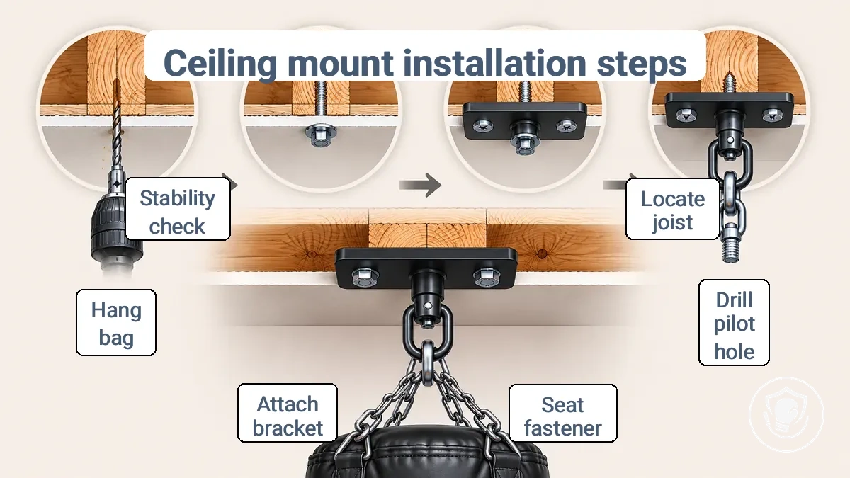 Diagram showing ceiling mount installation steps: marking joist, drilling pilot hole, securing plate, attaching chain and swivel for boxing bag.