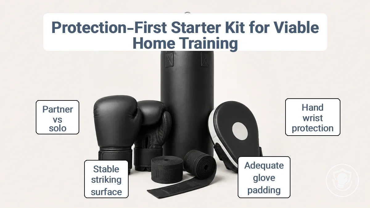 Protection-first home boxing starter kit: hand wraps, training gloves, and striking surface
