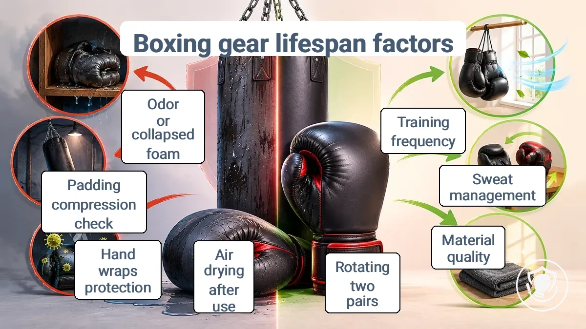 Lifespan range infographic for beginner boxing gear showing factors that shorten vs extend durability