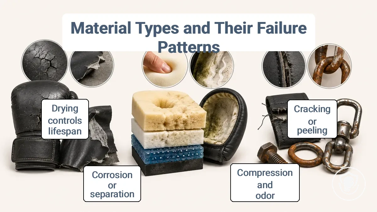 Comparison of material families in beginner boxing equipment: outer surface, internal padding, and hardware with typical failure patterns