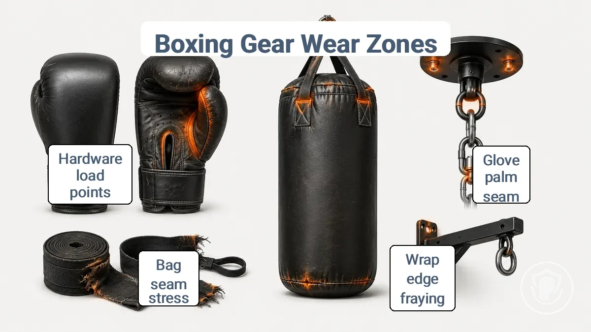 Labeled diagram of common wear zones on beginner boxing gloves, wraps, heavy bag, and mounting hardware