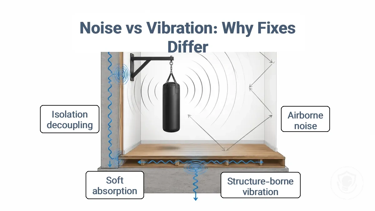 Diagram comparing airborne noise transmission (echo/clang) and structure-borne vibration transmission (rumble/shake) in a home punching bag setup, showing wall, floor, and mount point.