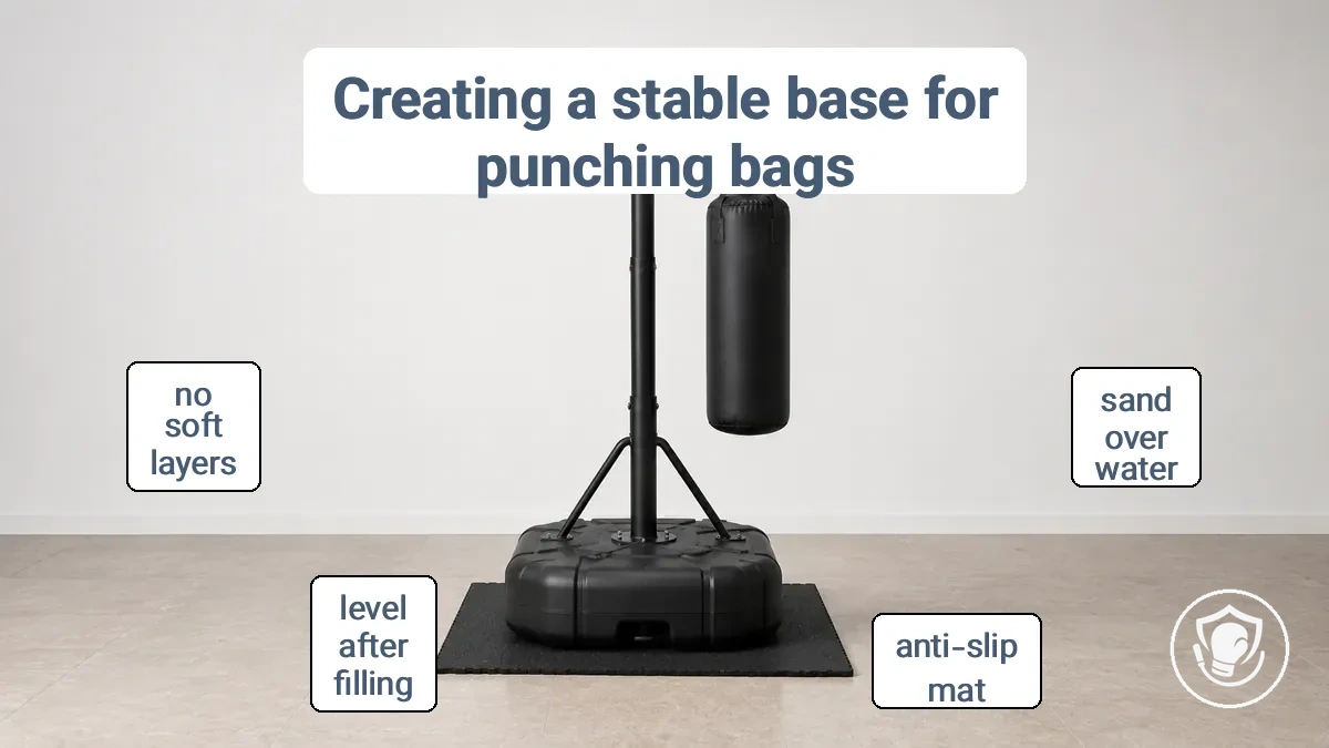 Freestanding heavy bag base on tile floor with a rubber anti-slip mat underneath for stability