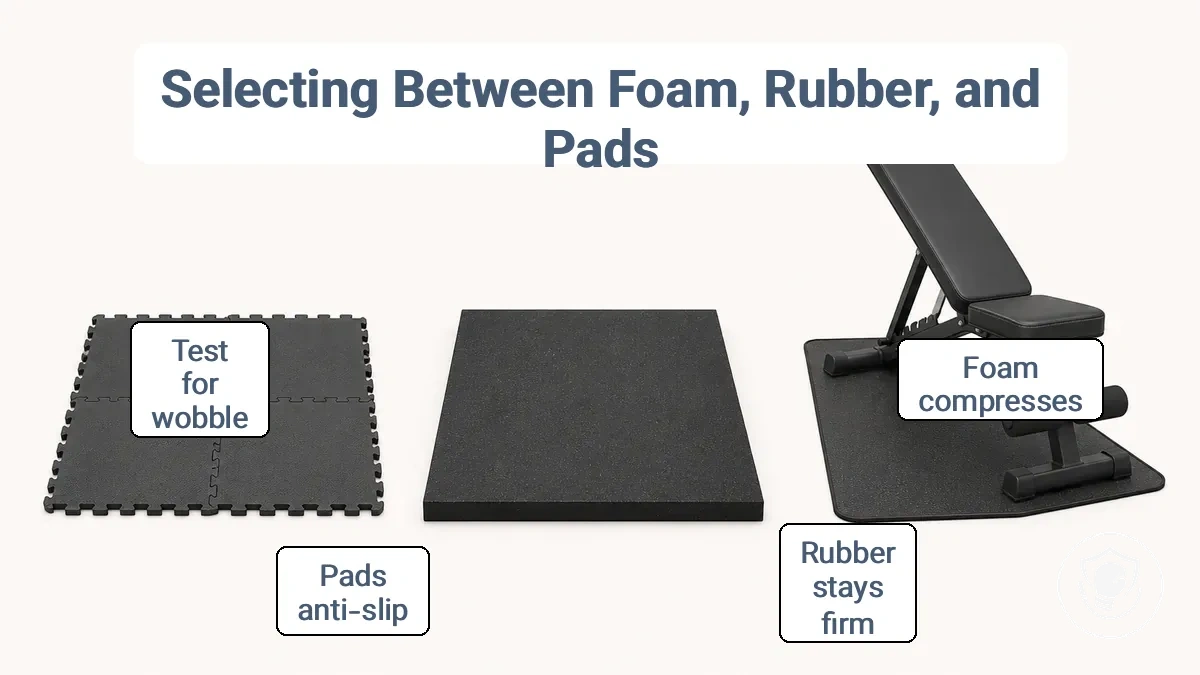 Comparison of foam tiles, rubber flooring, and anti-slip pads for equipment floor protection