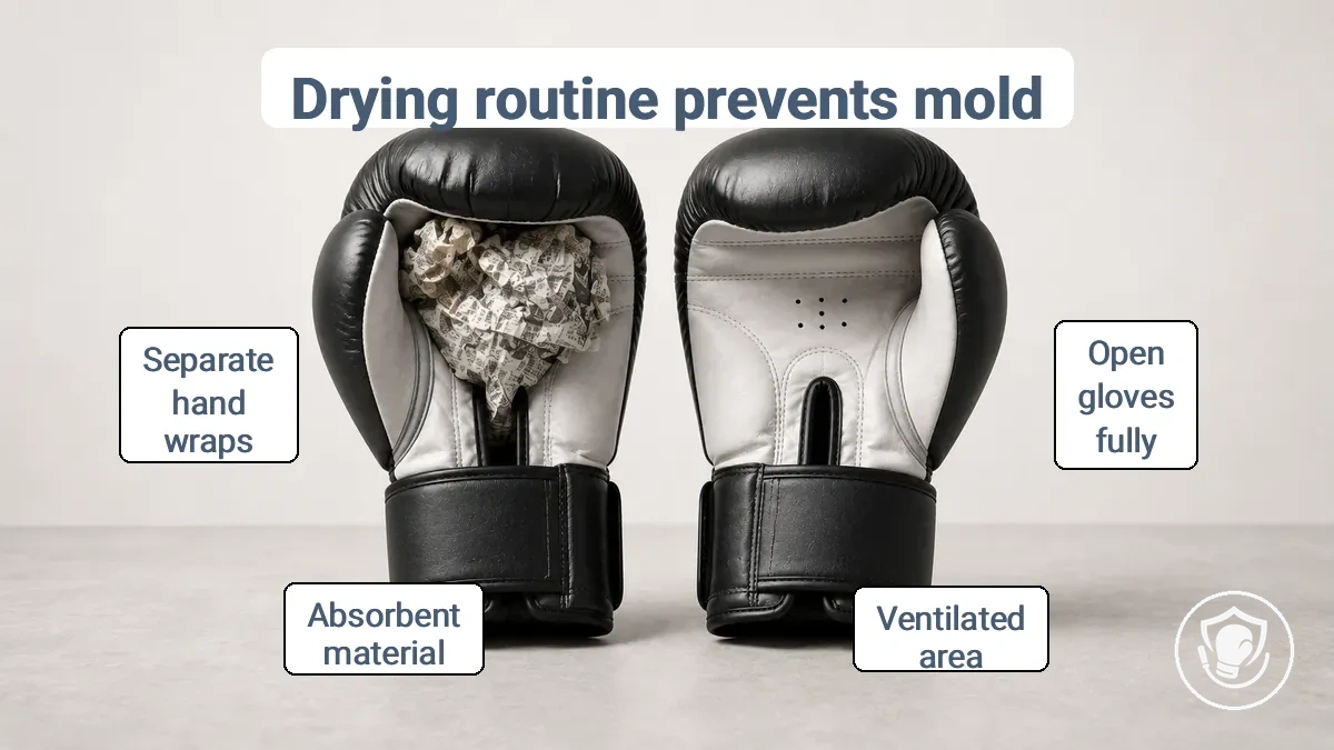 Diagram showing boxing gloves positioned open for airflow to dry the interior after training.