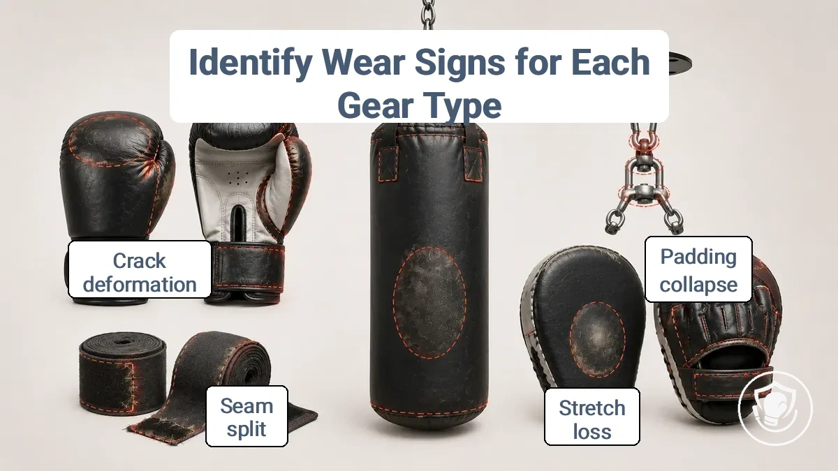Boxing gear types with labeled wear locations on gloves, hand wraps, heavy bag, suspension hardware, and focus mitts