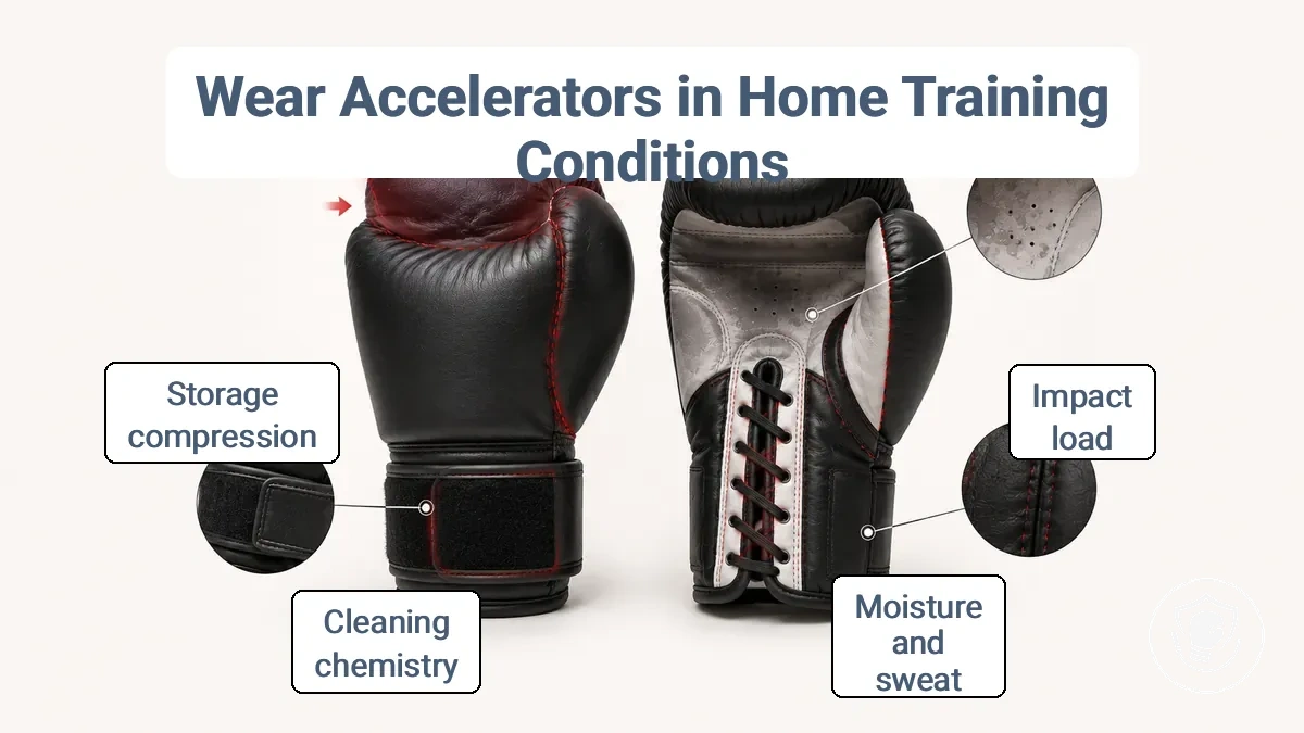 Diagram showing wear accelerator pressure points on home boxing gloves: sweat-prone liner areas, closure fasteners, high-friction seams, and storage squashing zones