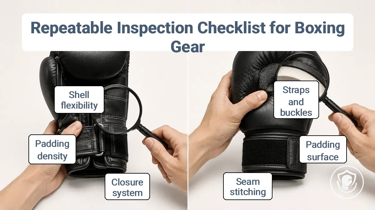 Comparison of quick pre-session checks and periodic deeper checks on boxing gear closures, seams, padding, and attachment points