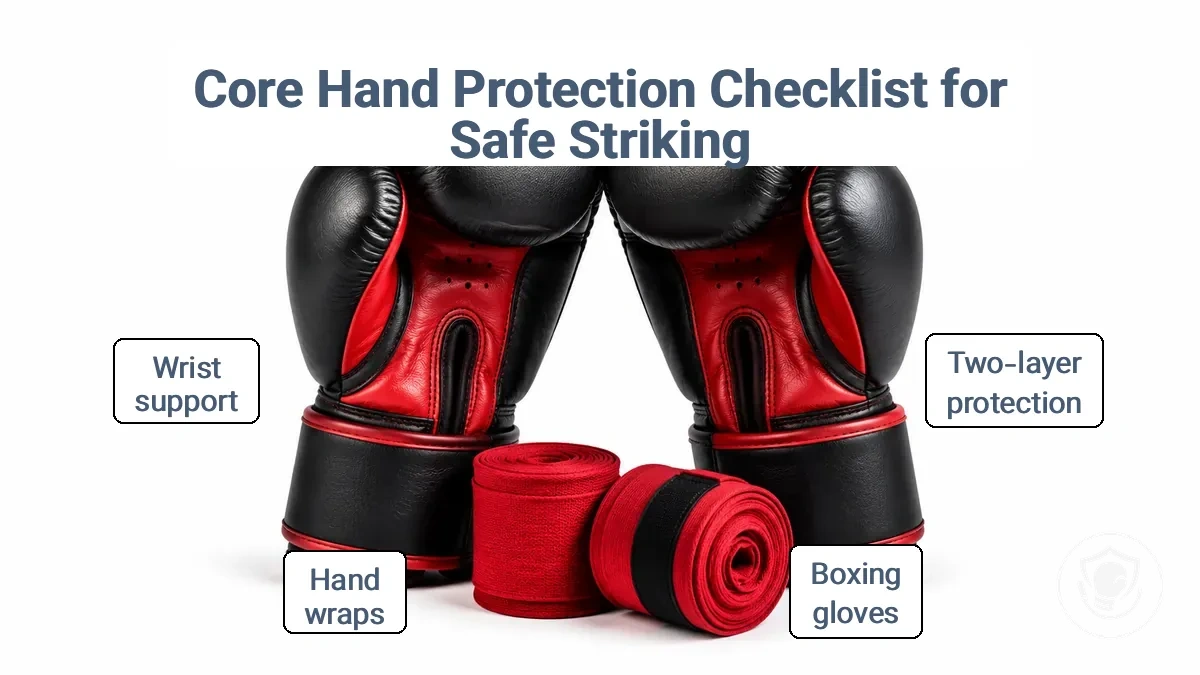 Two-layer hand protection stack showing hand wraps under boxing gloves for safe striking at home