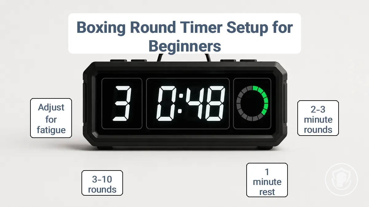 Boxing round timer setup showing round number, countdown time, and rest indicator for beginner training
