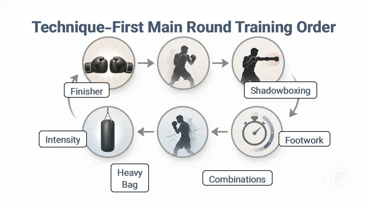 Round flow diagram from warm-up to cooldown with substitution options for no-equipment and heavy bag setups