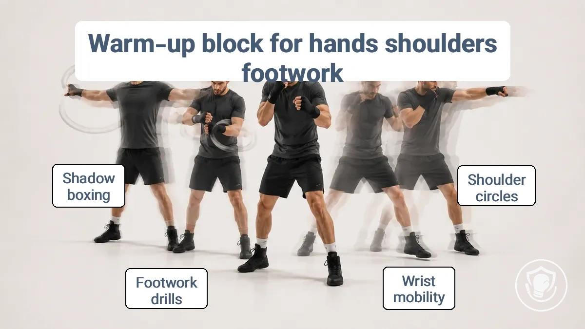 Warm-up block sequence: shoulder circles, wrist mobility, footwork drills, guard stance, and light punching.