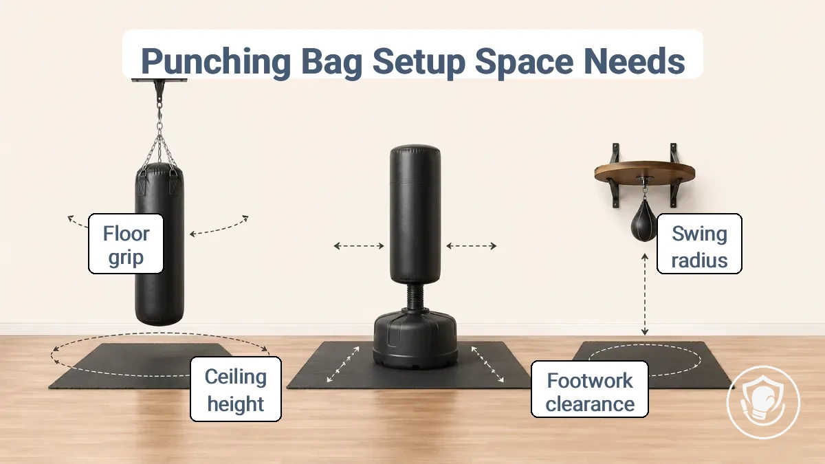 Diagram showing clearance requirements for different punching bag setups at home