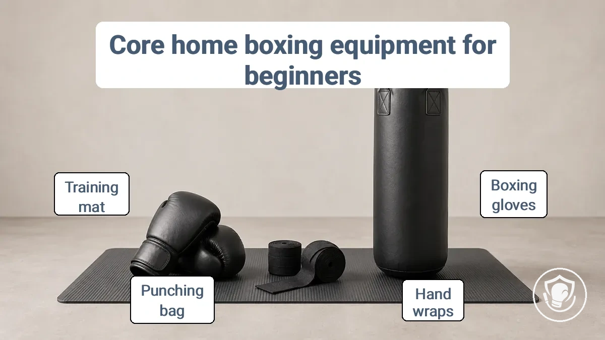 Boxing gloves, hand wraps, and a punching bag arranged on a training mat - core home boxing equipment for beginners