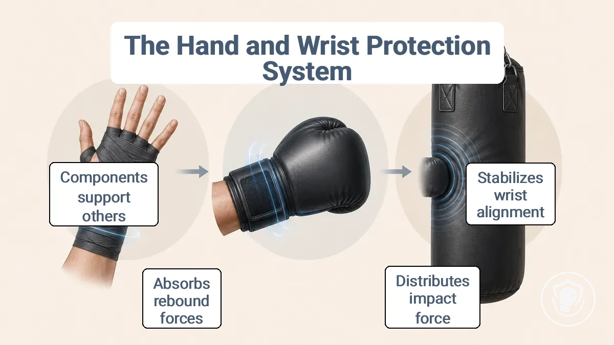 Labeled diagram of three-layer protection stack showing wraps inside glove, glove closure and cuff, and impact surface