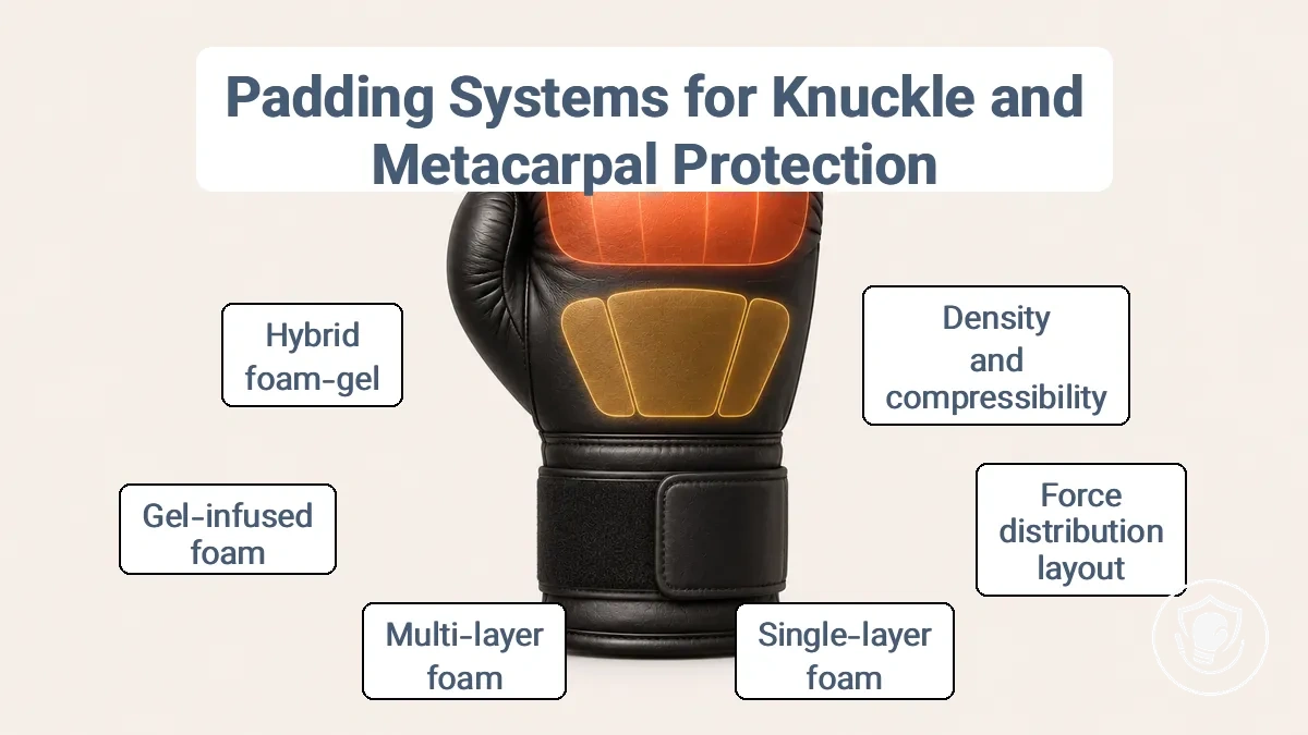 Diagram of boxing glove padding zones showing knuckle area, back-of-hand padding, and impact spread.