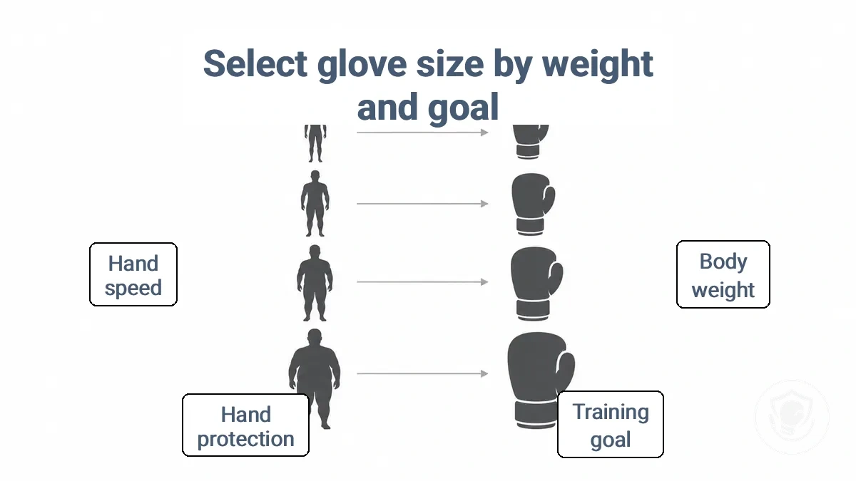 Beginner boxing glove size chart showing starting ounce ranges by body weight band and training goal.
