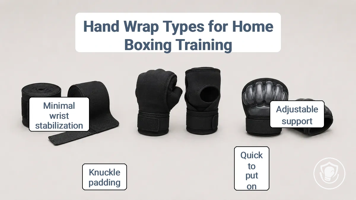 Labels of three hand wrap categories: traditional long wrap, quick wrap or inner glove, and gel knuckle pad