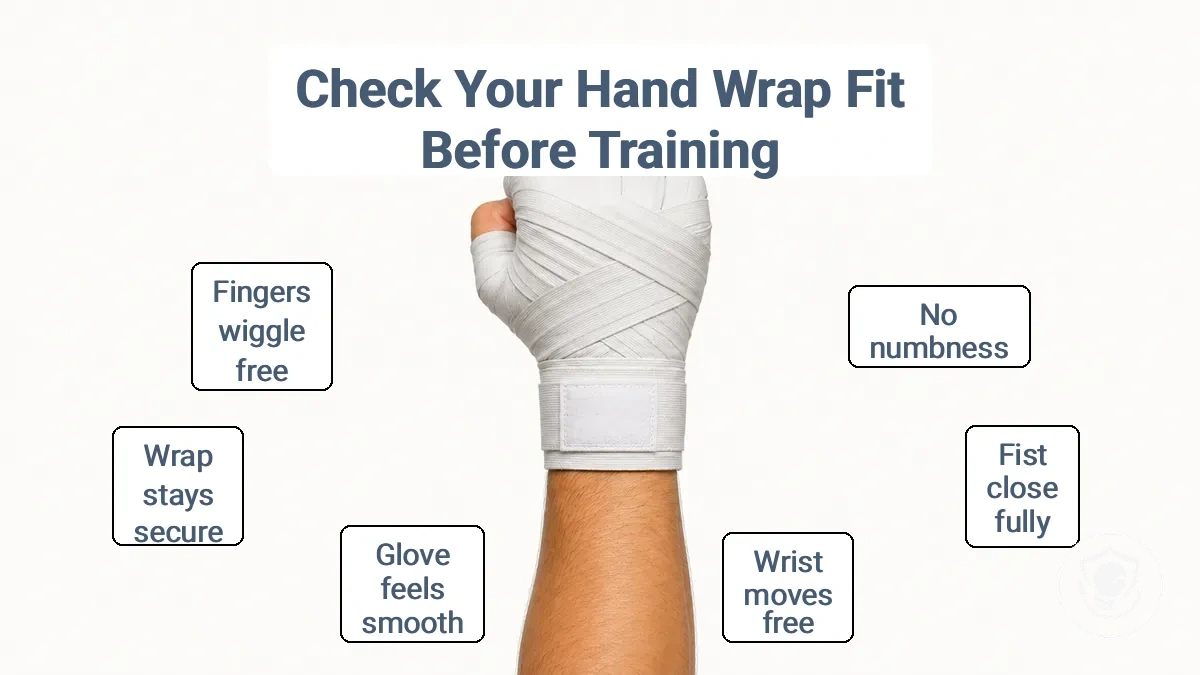 A gloved hand making a fist with wrist straight and wrap ends flat, demonstrating correct fit