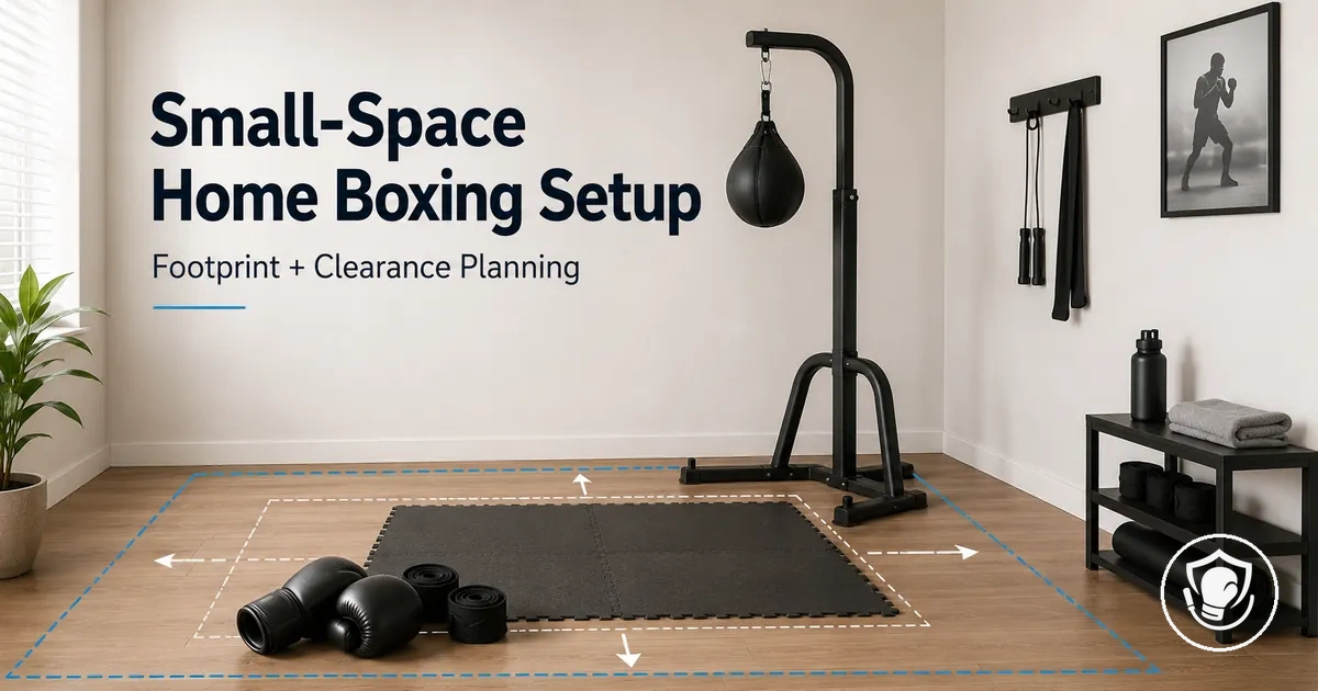 Compact beginner home boxing equipment setup planned for a small room footprint