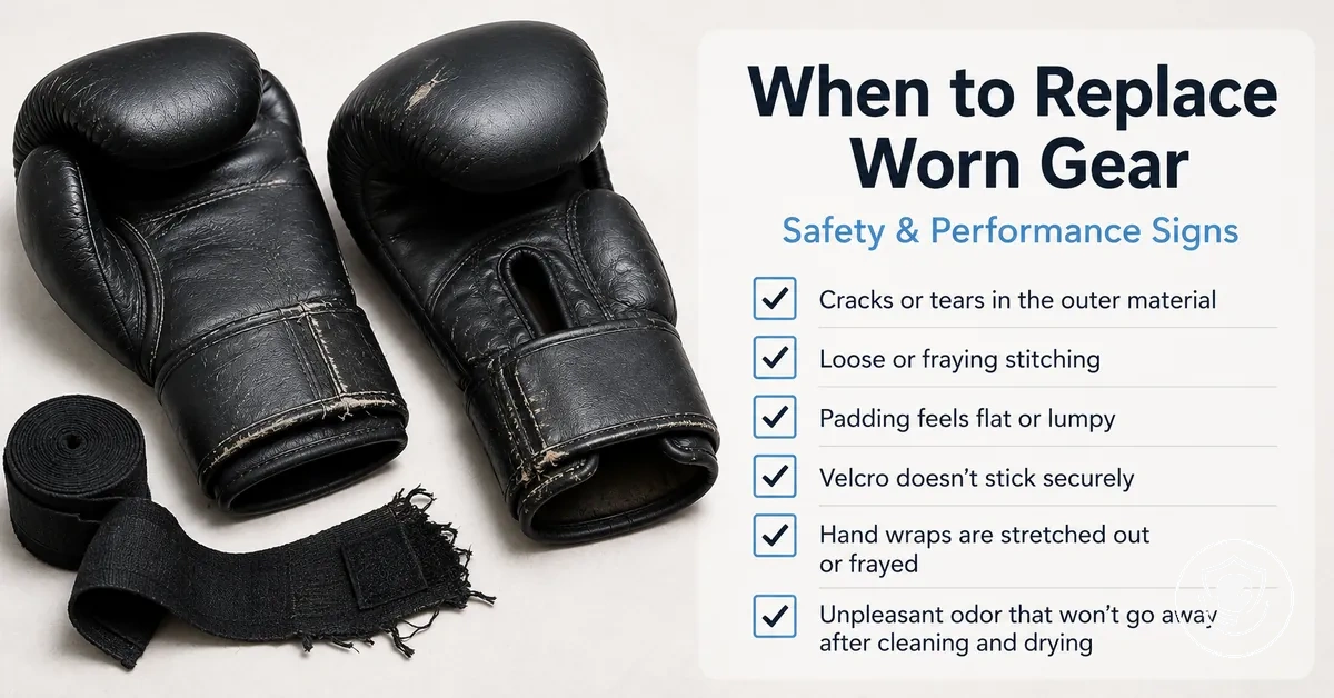 Checklist of wear signs showing when beginner home boxing equipment should be replaced