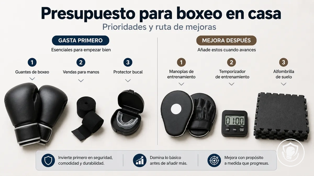 Plan de equipo de boxeo en casa para principiantes con prioridades de gasto y mejoras por etapas