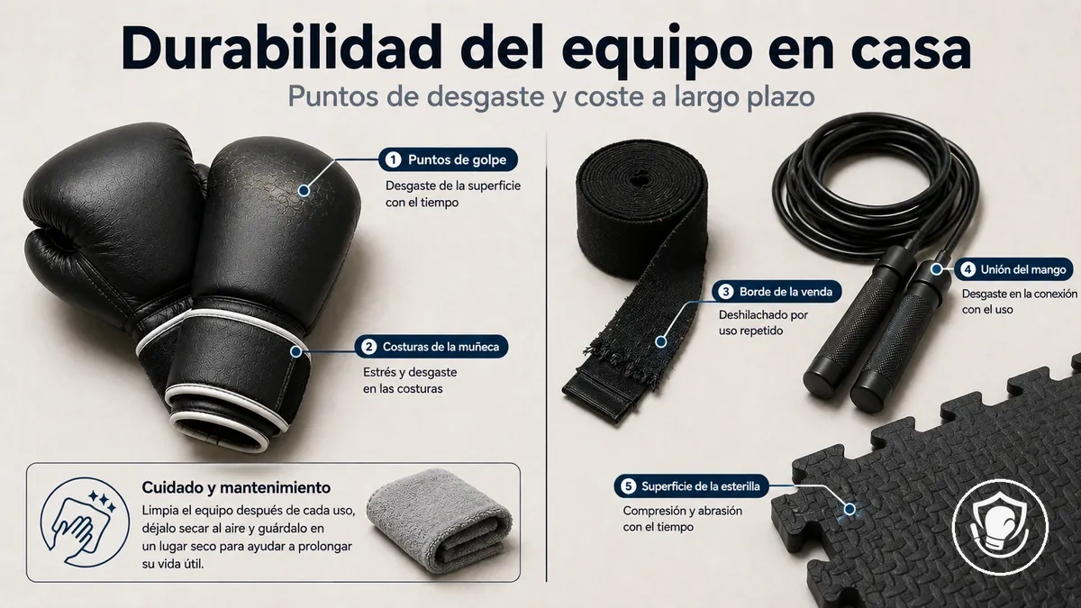 Puntos de desgaste y mantenimiento del equipo de boxeo en casa para principiantes, con enfoque en durabilidad