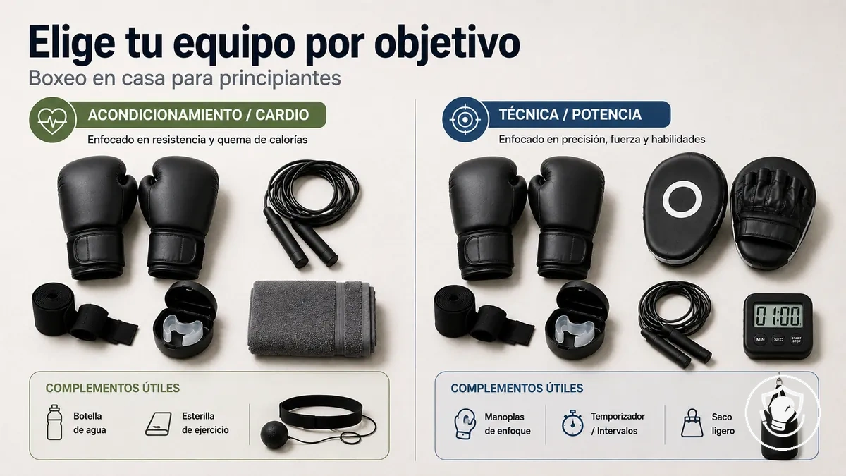 Opciones de equipo de boxeo en casa para principiantes, organizadas por objetivos y necesidades de montaje