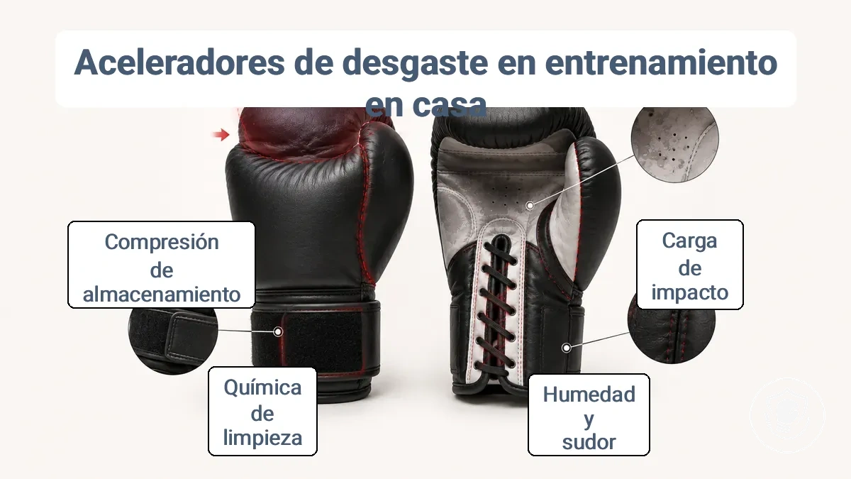 Diagrama que muestra los puntos de presión de los aceleradores de desgaste en guantes de boxeo para casa: áreas del forro propensas al sudor, cierres, costuras de alta fricción y zonas de aplastamiento por almacenamiento