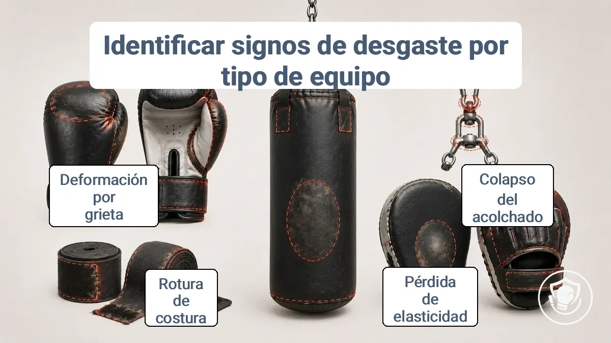 Tipos de equipo de boxeo con ubicaciones de desgaste etiquetadas en guantes, vendas, saco de boxeo, herrajes de suspensión y manoplas de foco