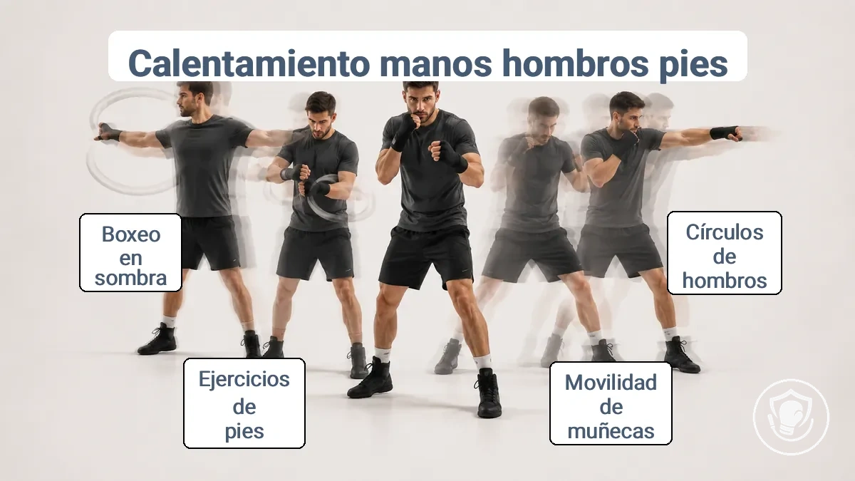 Secuencia del bloque de calentamiento: círculos de hombros, movilidad de muñecas, ejercicios de juego de pies, postura de guardia y golpes ligeros