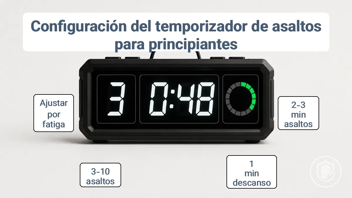 Configuración del temporizador de asaltos de boxeo que muestra el número de asalto, tiempo de cuenta atrás e indicador de descanso para el entrenamiento de principiantes