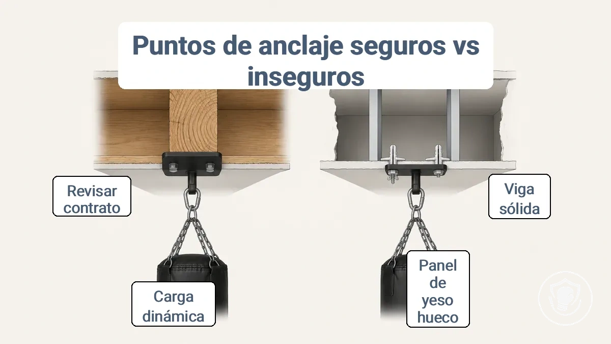 Diagrama que compara puntos de anclaje seguros en viga y montante frente a zonas no seguras de panel de yeso para montar un saco de boxeo pesado