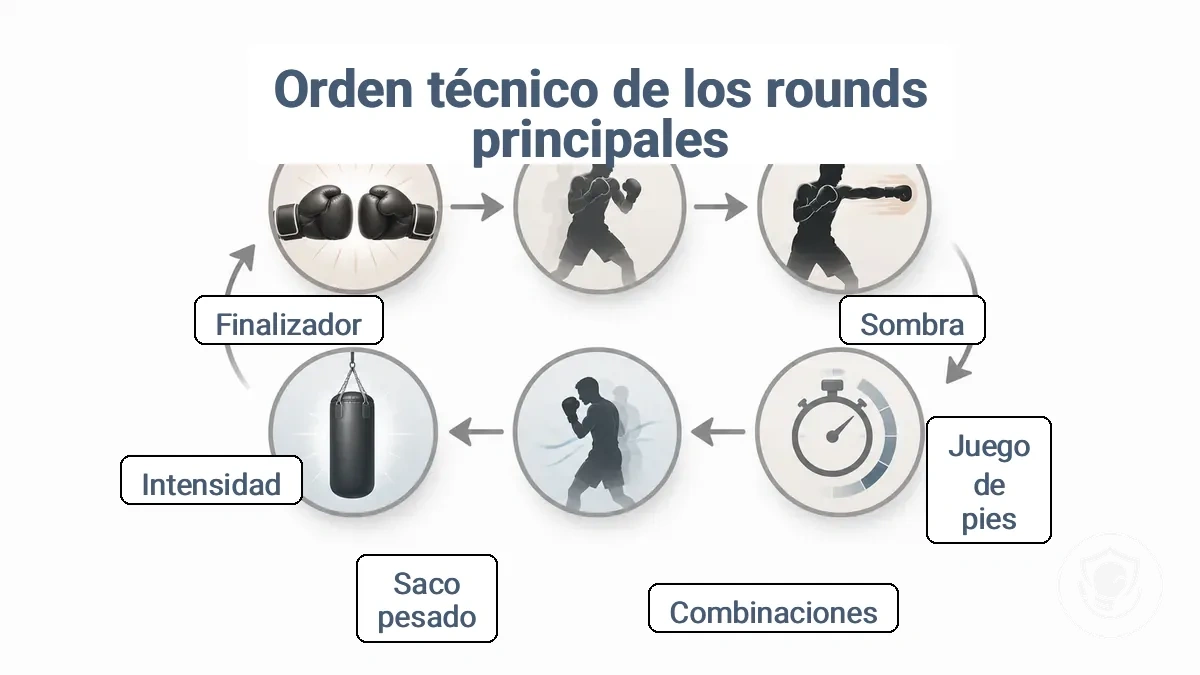 Diagrama del flujo de asaltos desde el calentamiento hasta la vuelta a la calma con opciones de sustitución para montajes sin equipamiento y con saco pesado
