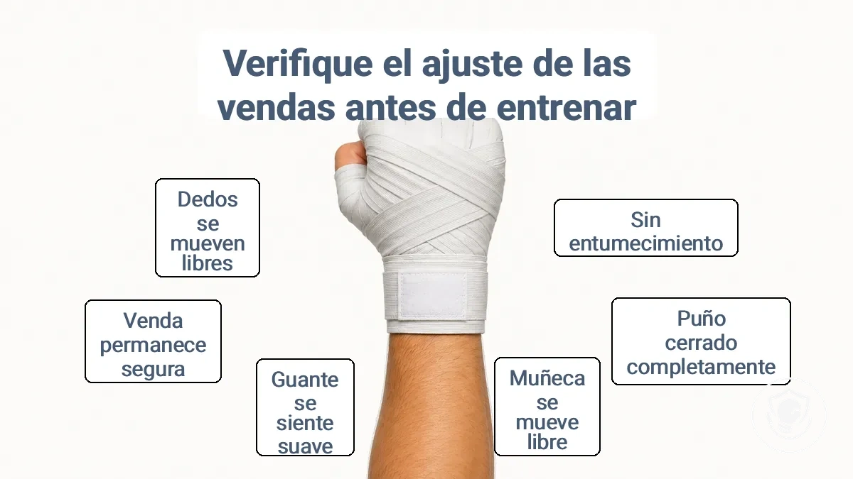 Mano enguantada cerrando el puño con la muñeca recta y los extremos de la venda planos, mostrando un ajuste correcto