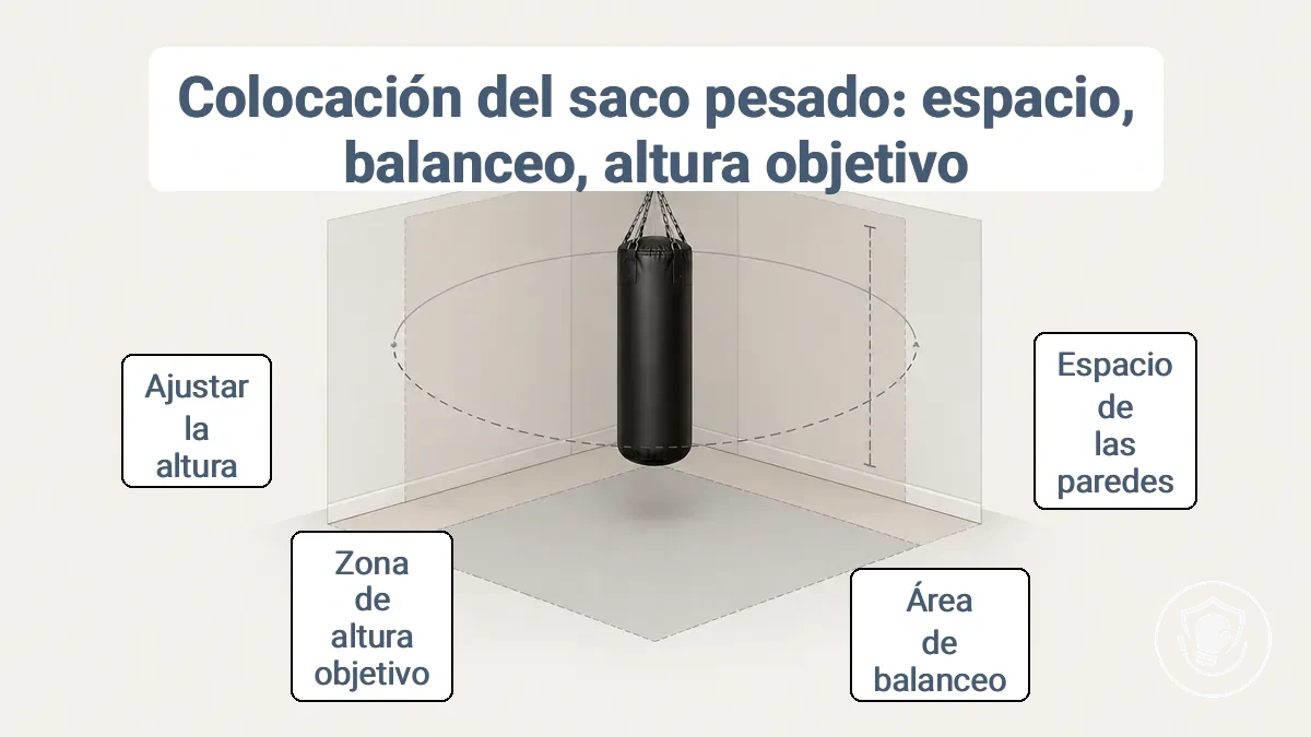 Diagrama de distribución de la habitación que muestra el arco de balanceo, el espacio libre de la pared y la línea de altura objetivo para un área de entrenamiento con saco de boxeo pesado