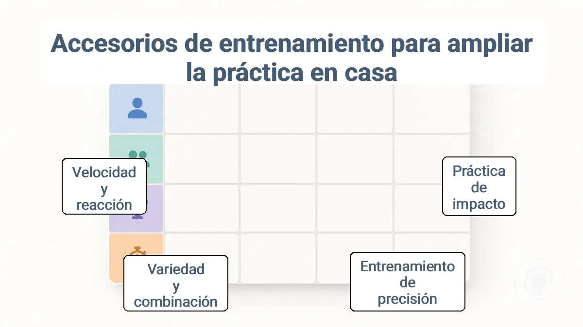 Matriz que relaciona modos de práctica con categorías de complementos de entrenamiento y las limitaciones de espacio, ruido y almacenamiento