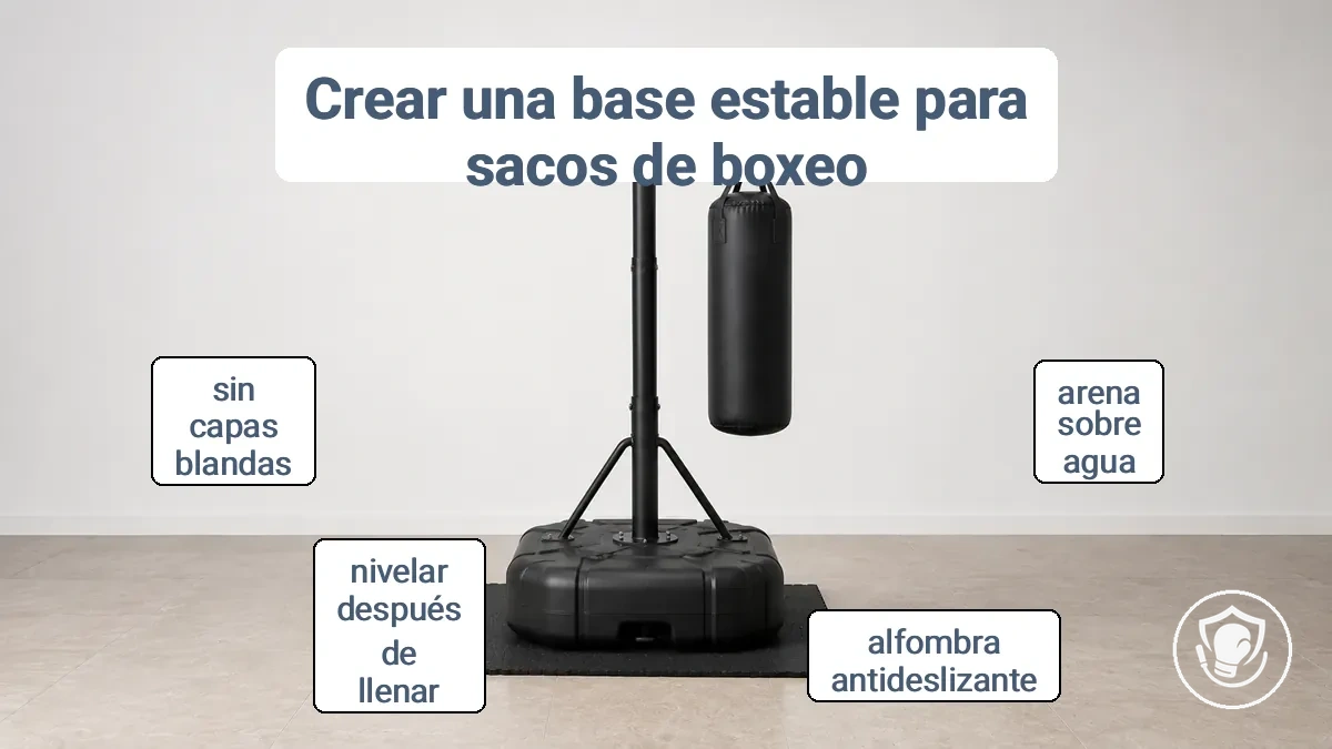 Base de saco de boxeo independiente sobre suelo de baldosa con una alfombrilla de goma antideslizante debajo para estabilidad